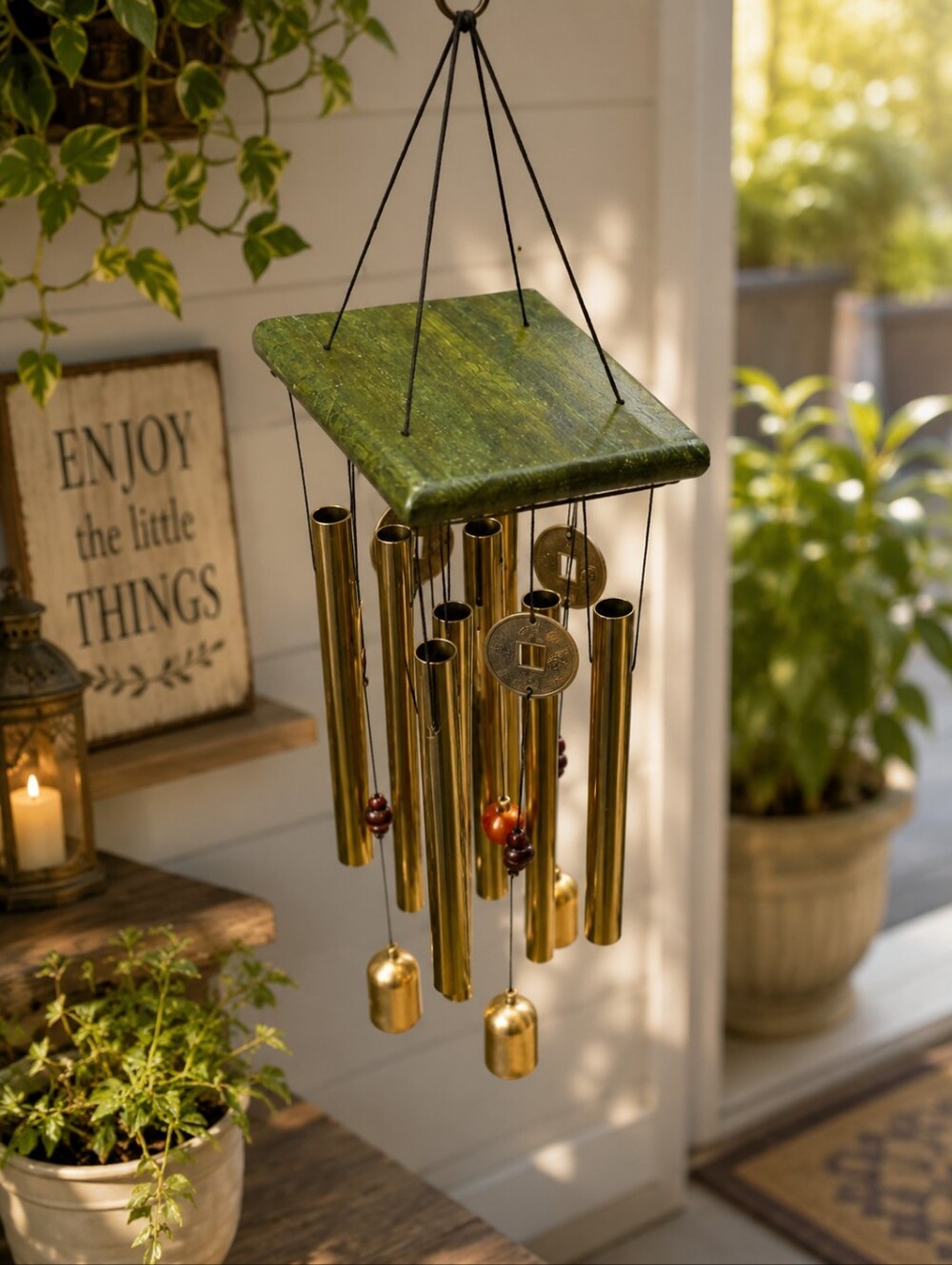 Brass Tone Decorative Wind Chime - Green Top